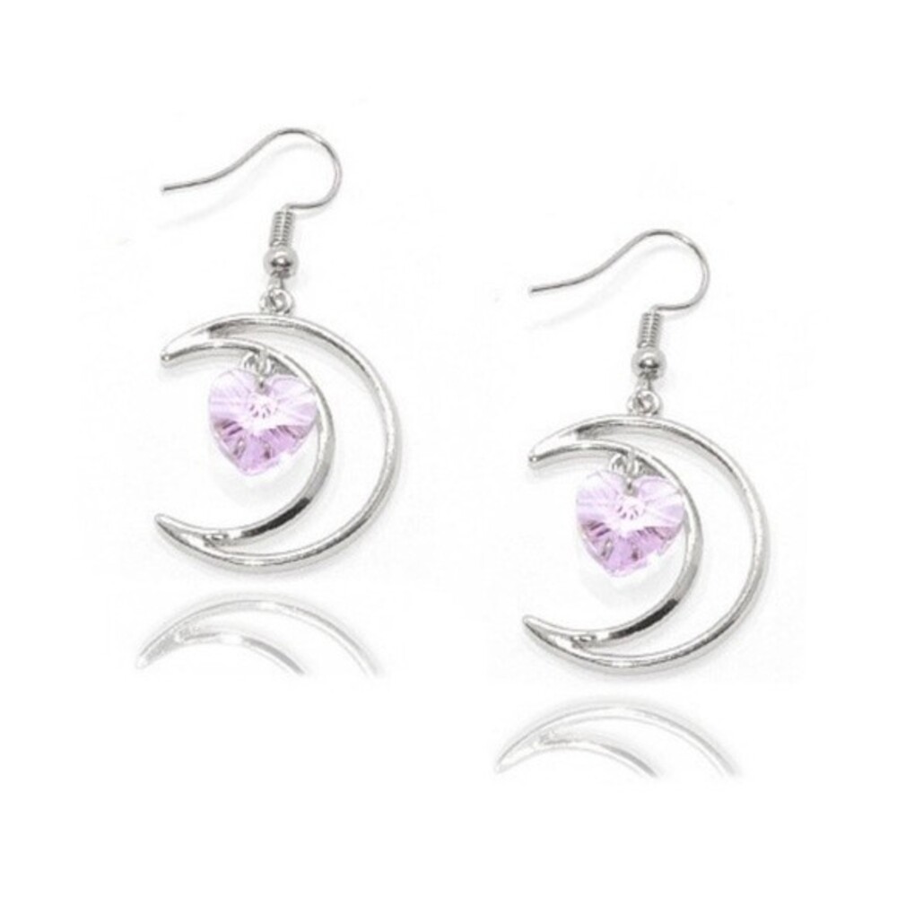 Purple and Silver Heart and Moon Crystal Earrings